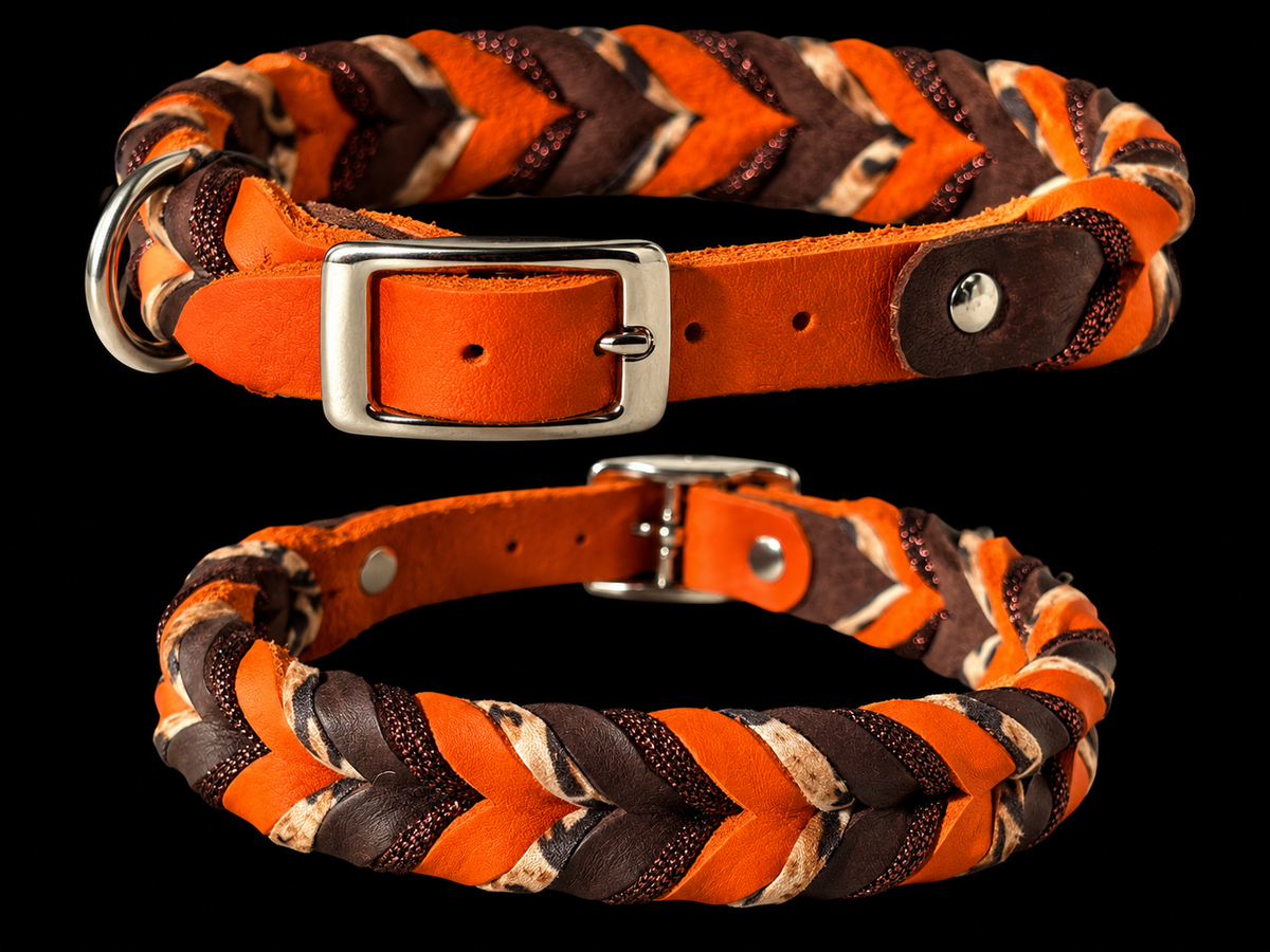 Handgefertigtes Fettleder-Halsband – Orange & Braun