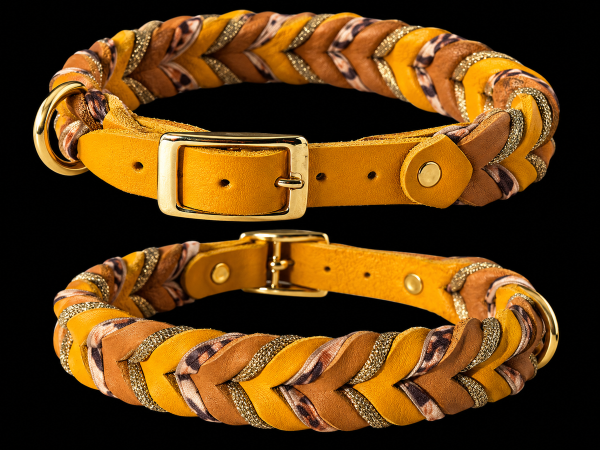 Handgefertigtes Lederhalsband – Senfgelb & Gold