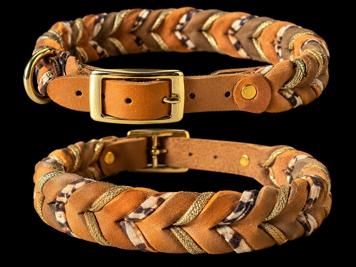Handgefertigtes Fettleder-Halsband – Beige, Gold & Leo 🤎✨