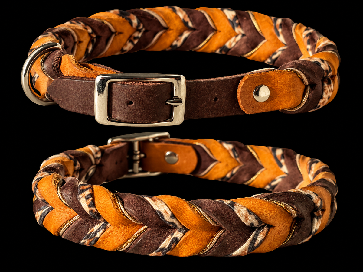 Handgefertigtes Lederhalsband – Braun & Orange im Flechtlook
