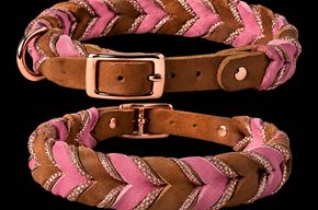 Handgefertigtes Lederhalsband – Rosa & Braun